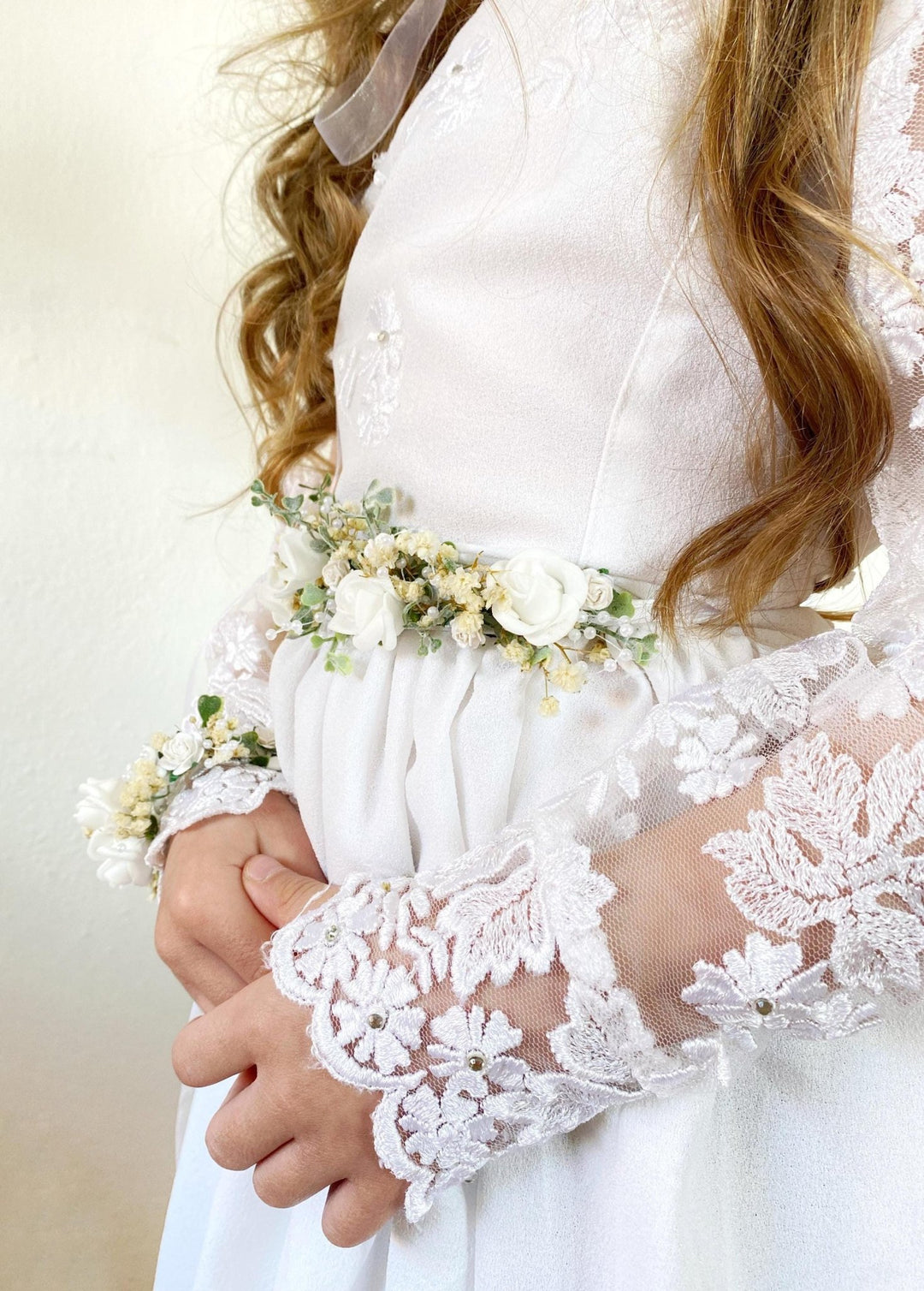 White Floral Belt: First Holy Communion Accessory – handmade floral hair accessory by magaela