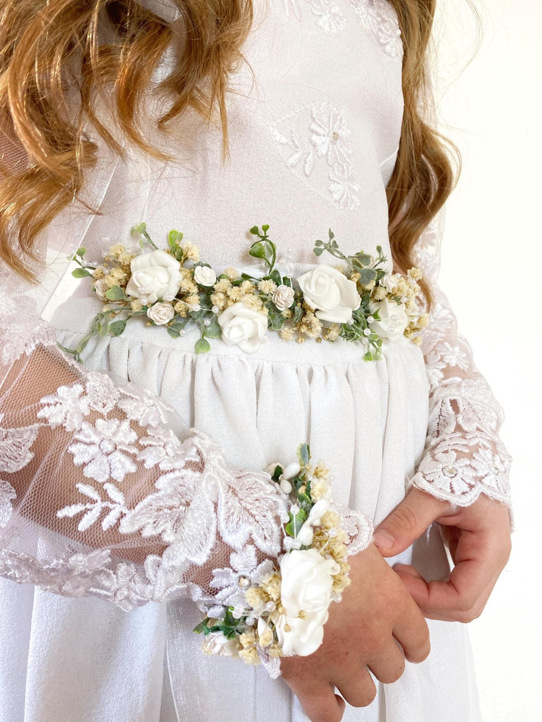 White Floral Belt: First Holy Communion Accessory – handmade floral hair accessory by magaela