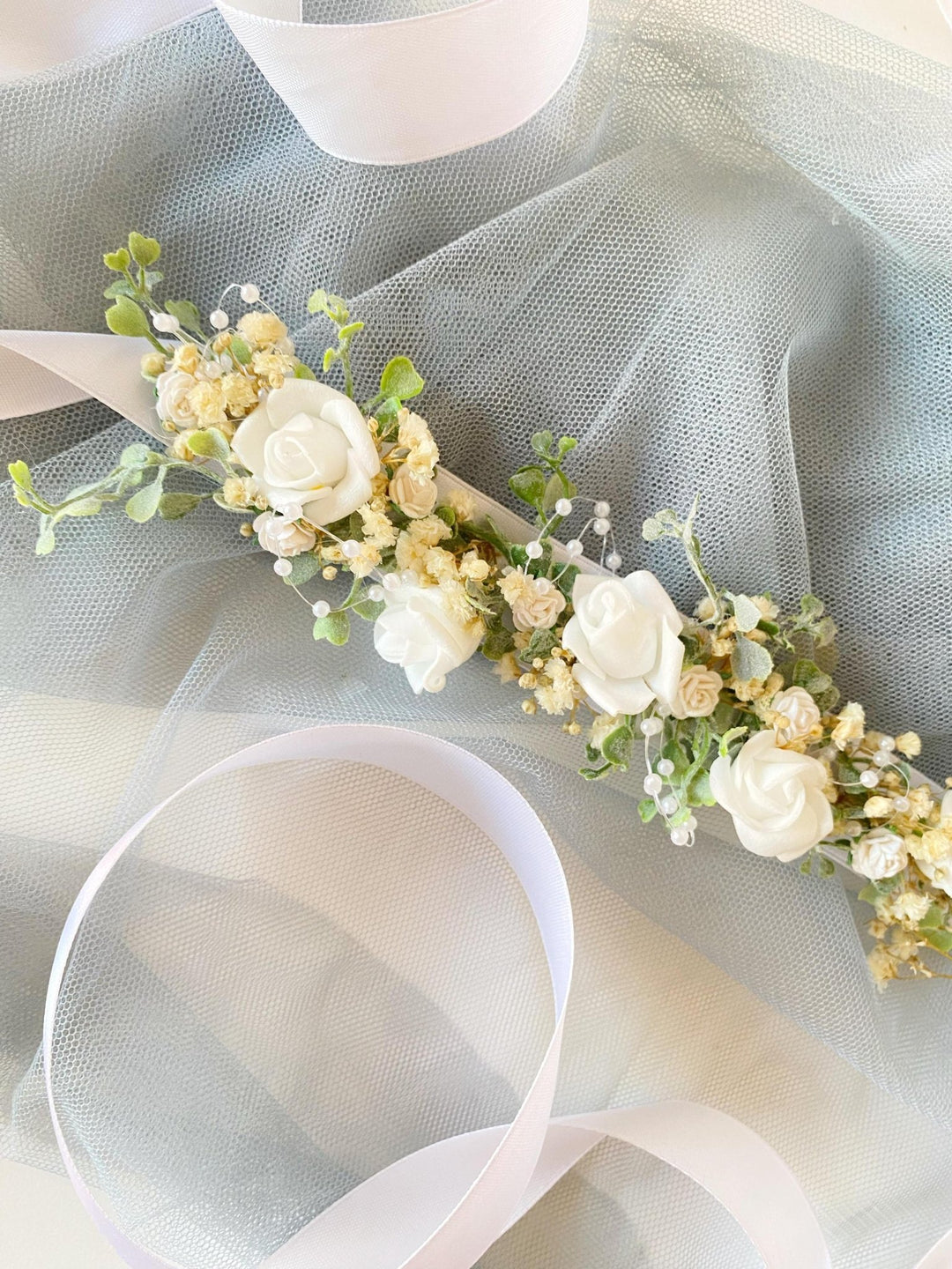 White Floral Belt: First Holy Communion Accessory – handmade floral hair accessory by magaela