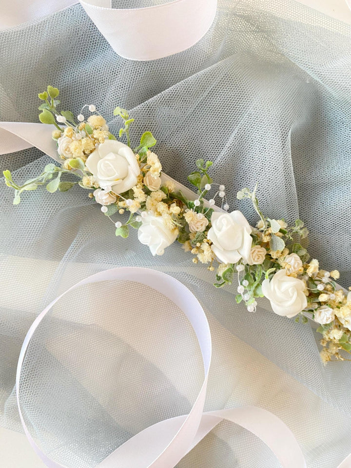 White Floral Belt: First Holy Communion Accessory – handmade floral hair accessory by magaela