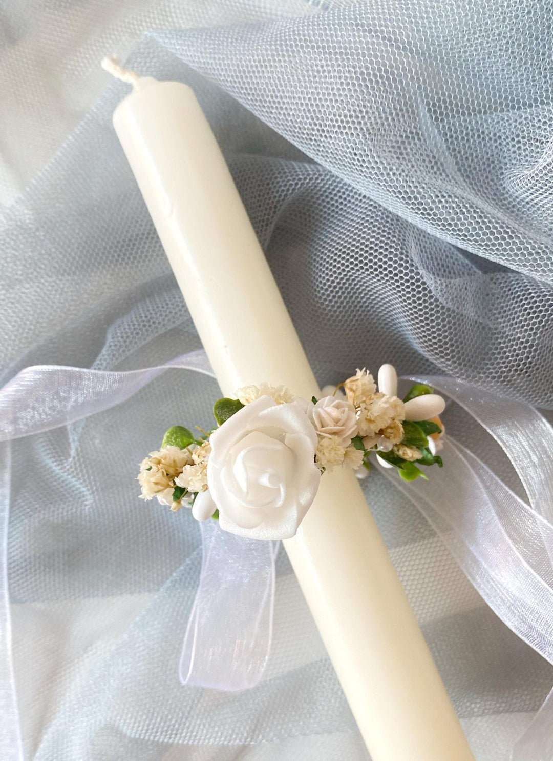 Handmade Floral Candle Wreath: First Holy Communion Decoration – handmade floral hair accessory by magaela