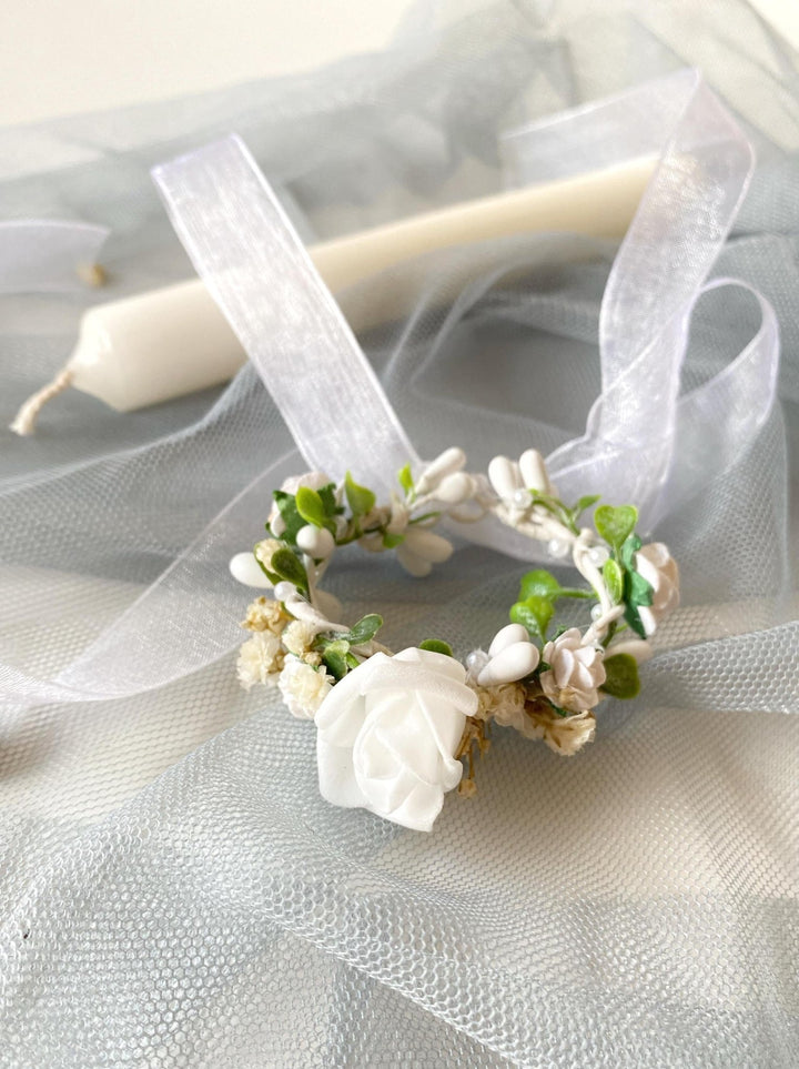 Handmade Floral Candle Wreath: First Holy Communion Decoration – handmade floral hair accessory by magaela