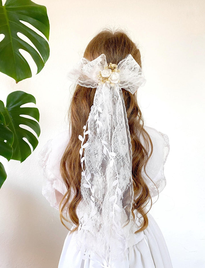 First Communion Lace Hair Bow: White Flower Girl Clip – handmade floral hair accessory by magaela