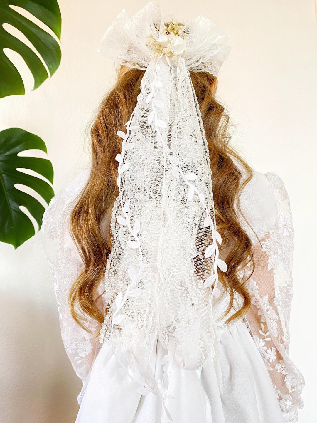 First Communion Lace Hair Bow: White Flower Girl Clip – handmade floral hair accessory by magaela