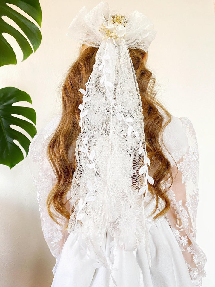 First Communion Lace Hair Bow: White Flower Girl Clip – handmade floral hair accessory by magaela