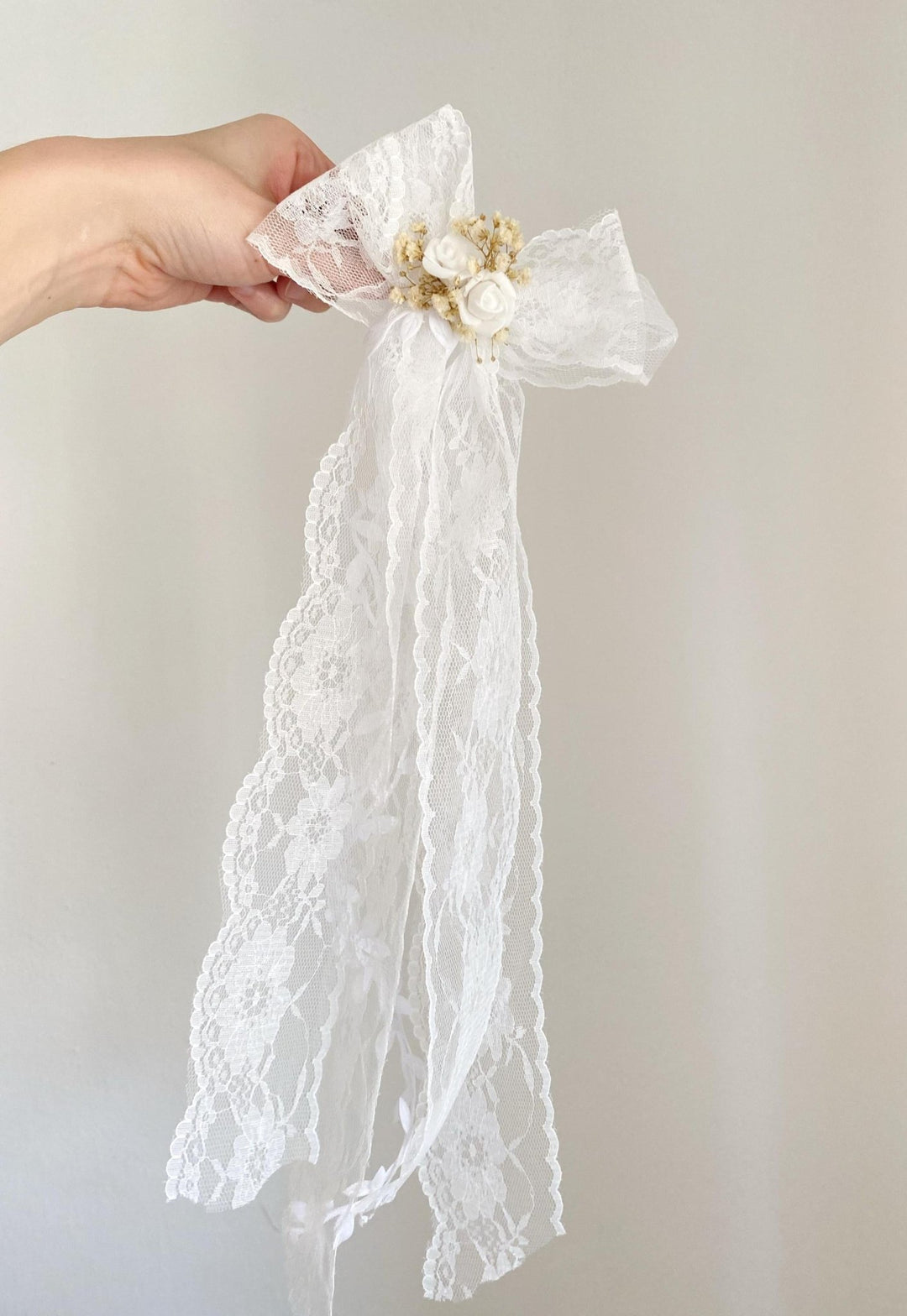 First Communion Lace Hair Bow: White Flower Girl Clip – handmade floral hair accessory by magaela