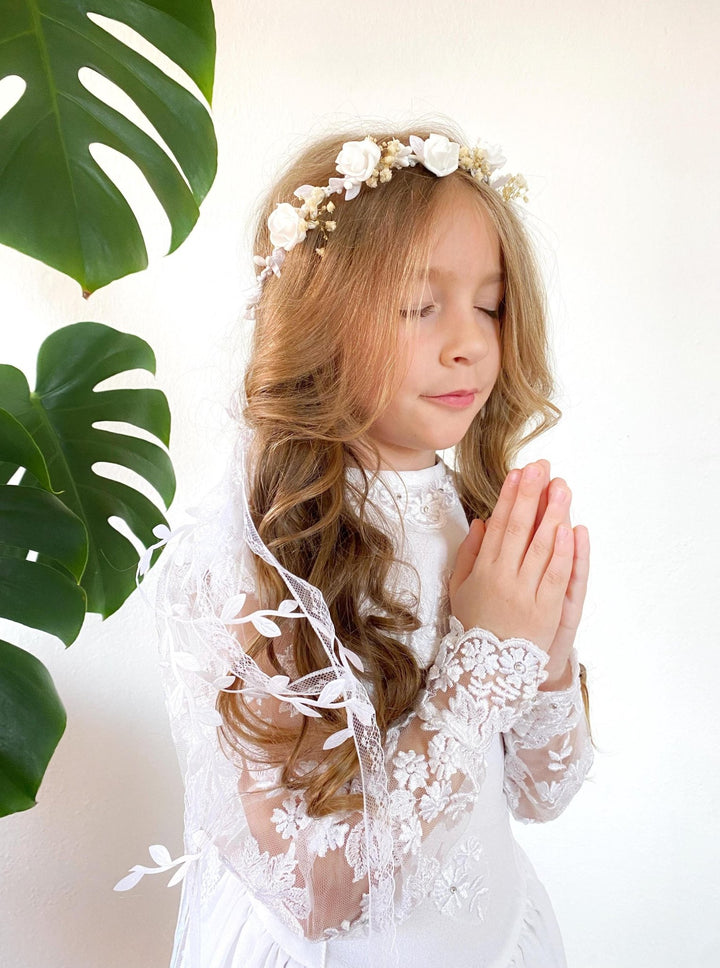 Flower Communion Crown with Veil: White Floral Wreath – handmade floral hair accessory by magaela
