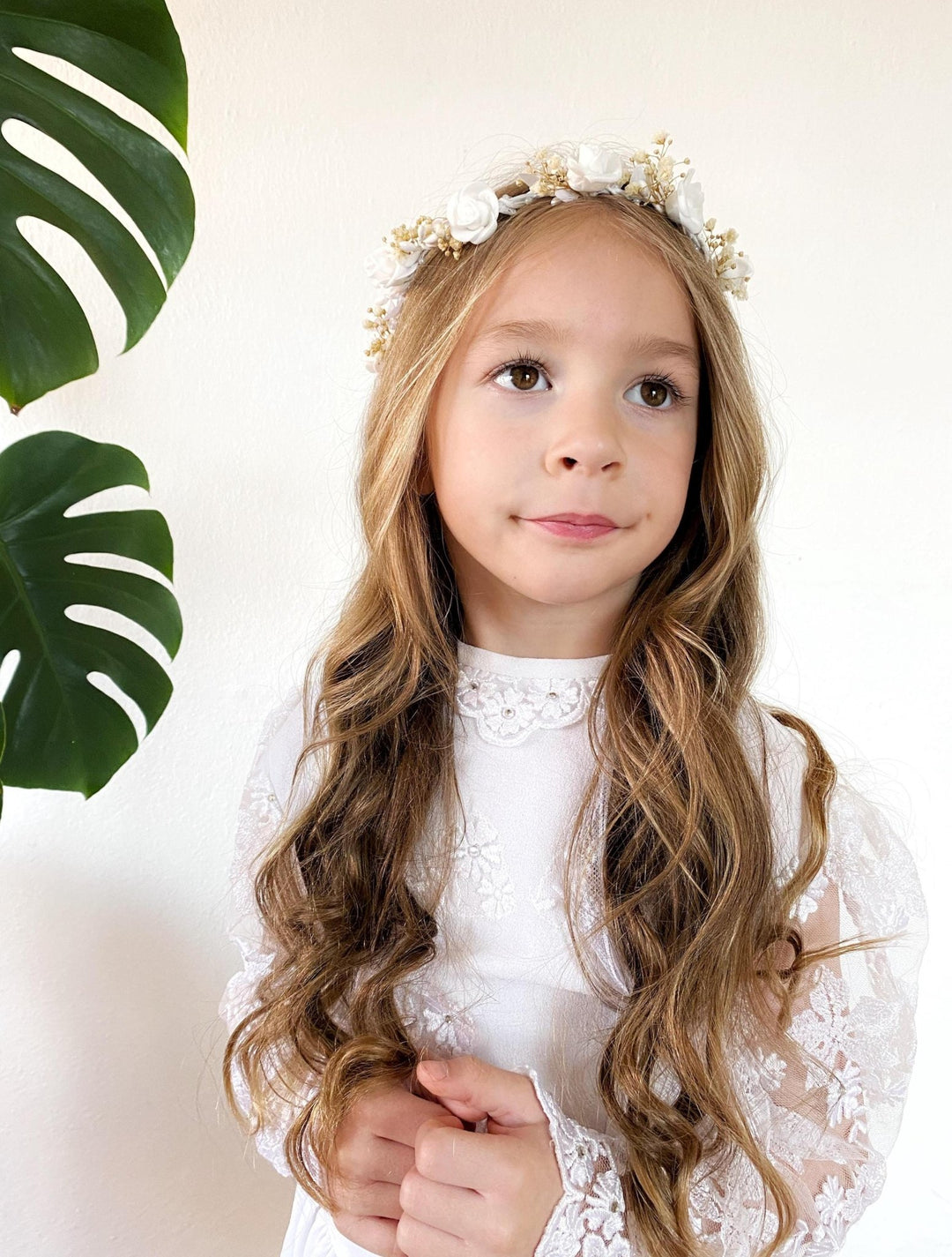 Flower Communion Crown with Veil: White Floral Wreath – handmade floral hair accessory by magaela