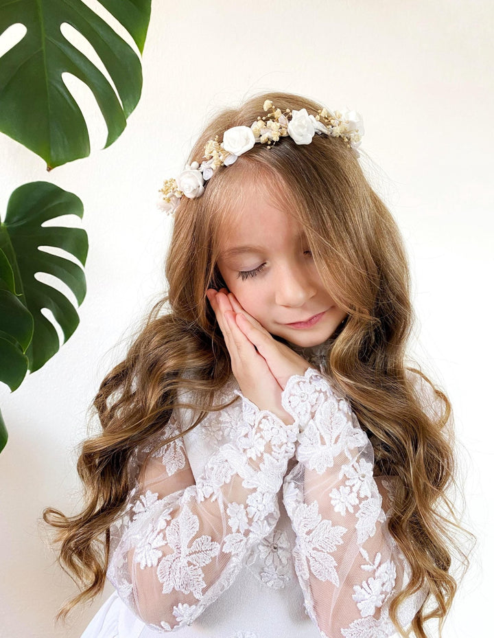 Flower Communion Crown with Veil: White Floral Wreath – handmade floral hair accessory by magaela