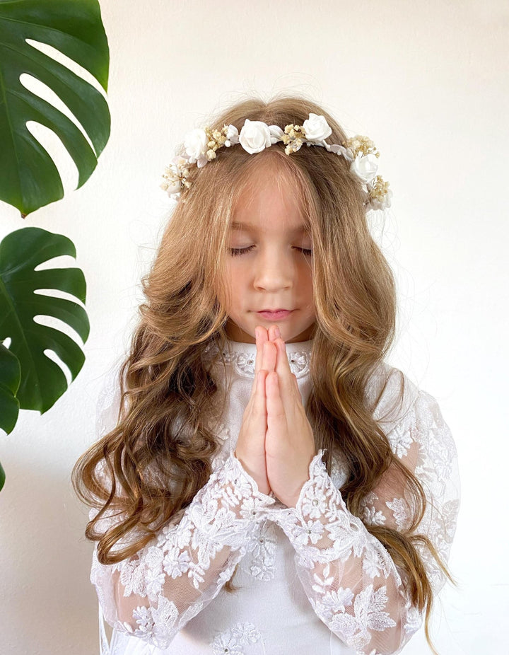 Flower Communion Crown with Veil: White Floral Wreath – handmade floral hair accessory by magaela