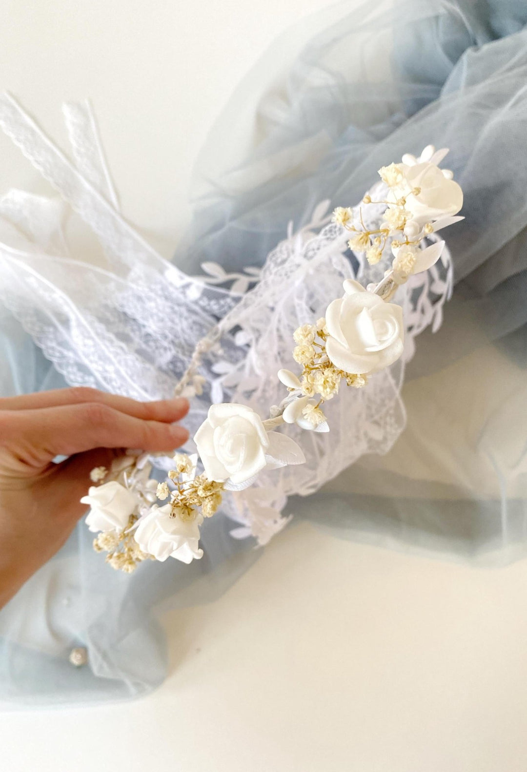 Flower Communion Crown with Veil: White Floral Wreath – handmade floral hair accessory by magaela