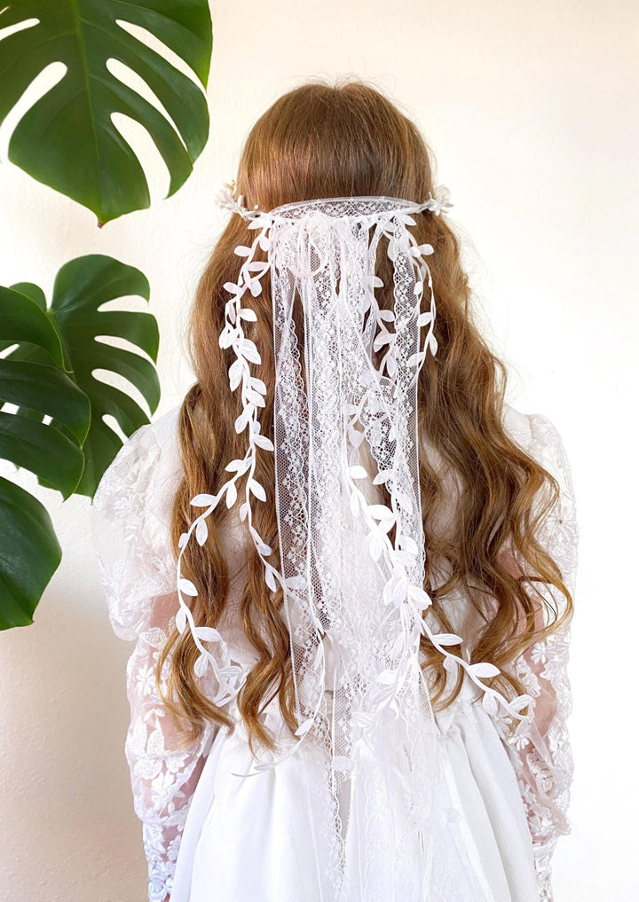 Flower Communion Crown with Veil: White Floral Wreath – handmade floral hair accessory by magaela