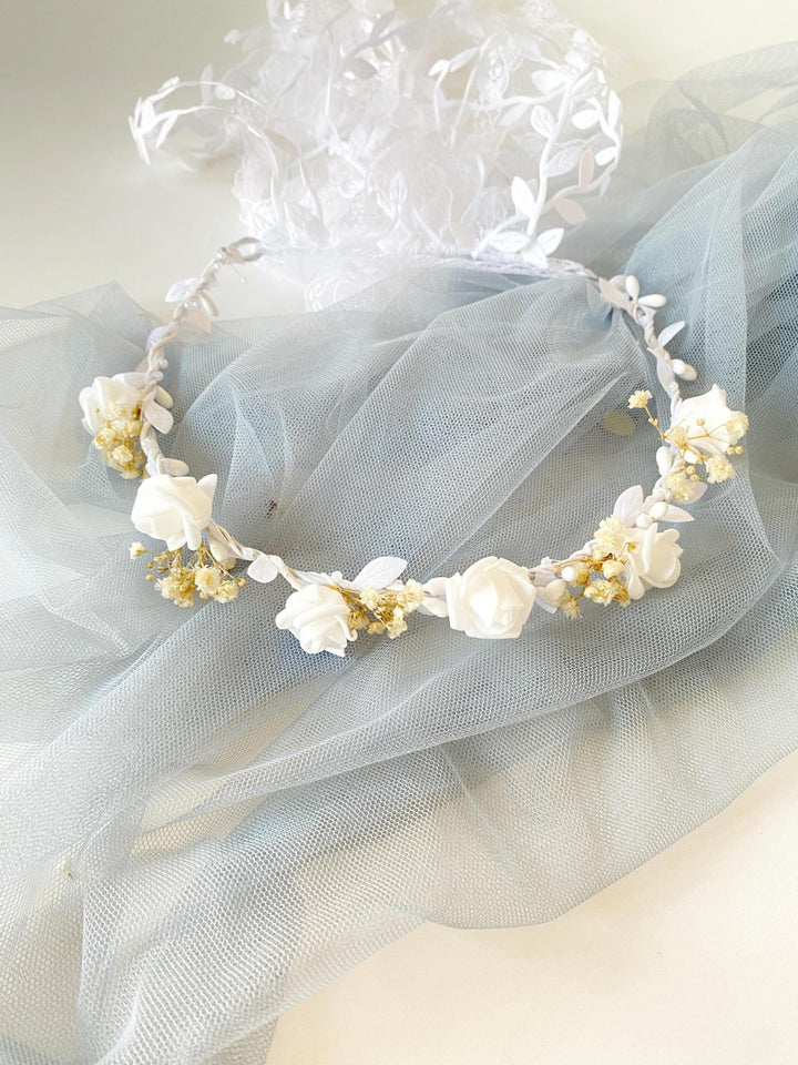 Flower Communion Crown with Veil: White Floral Wreath – handmade floral hair accessory by magaela