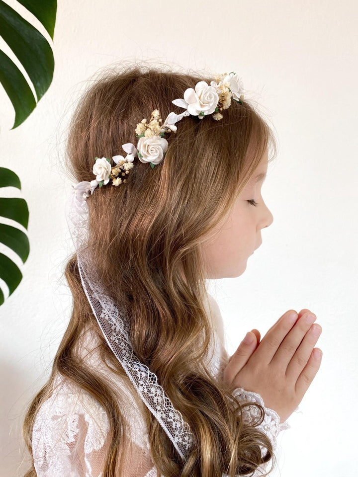 White Rose Flower Crown: First Communion Headpiece – handmade floral hair accessory by magaela