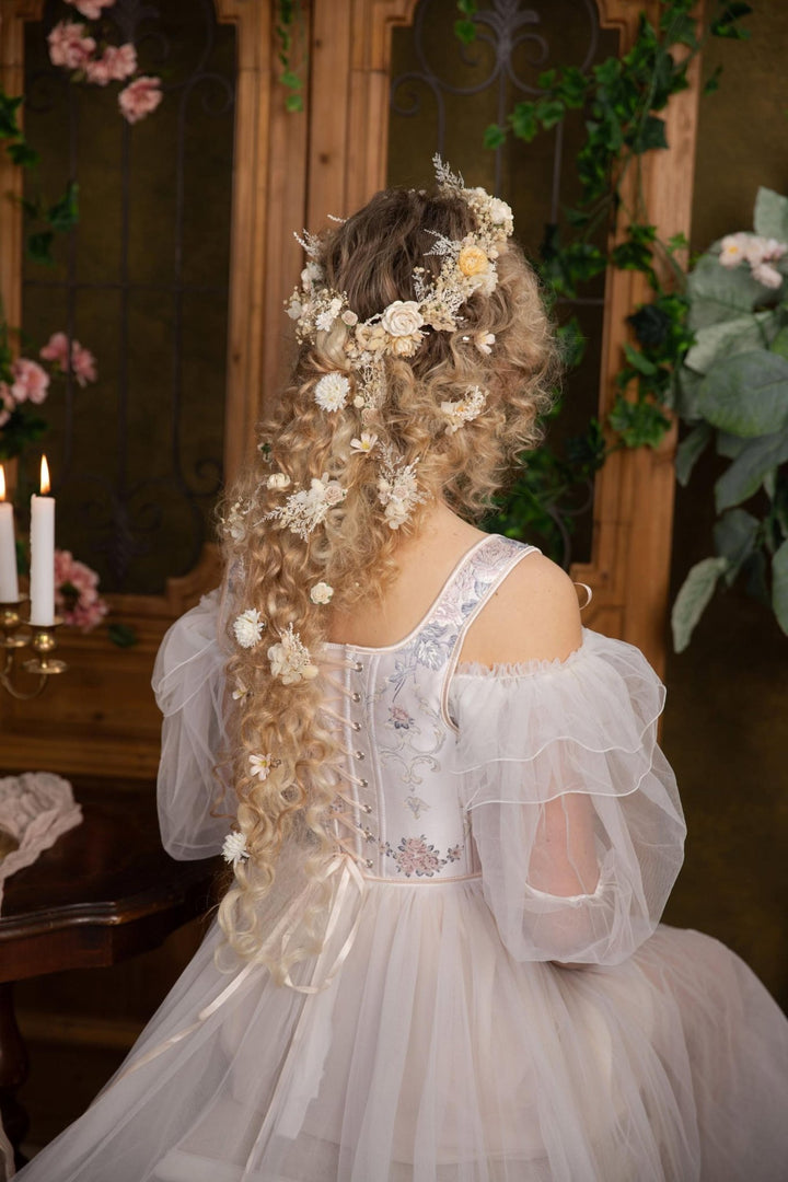 Boho Floral Hair Crown: Cream Wedding Hairpiece with Hairpins – handmade floral hair accessory by magaela