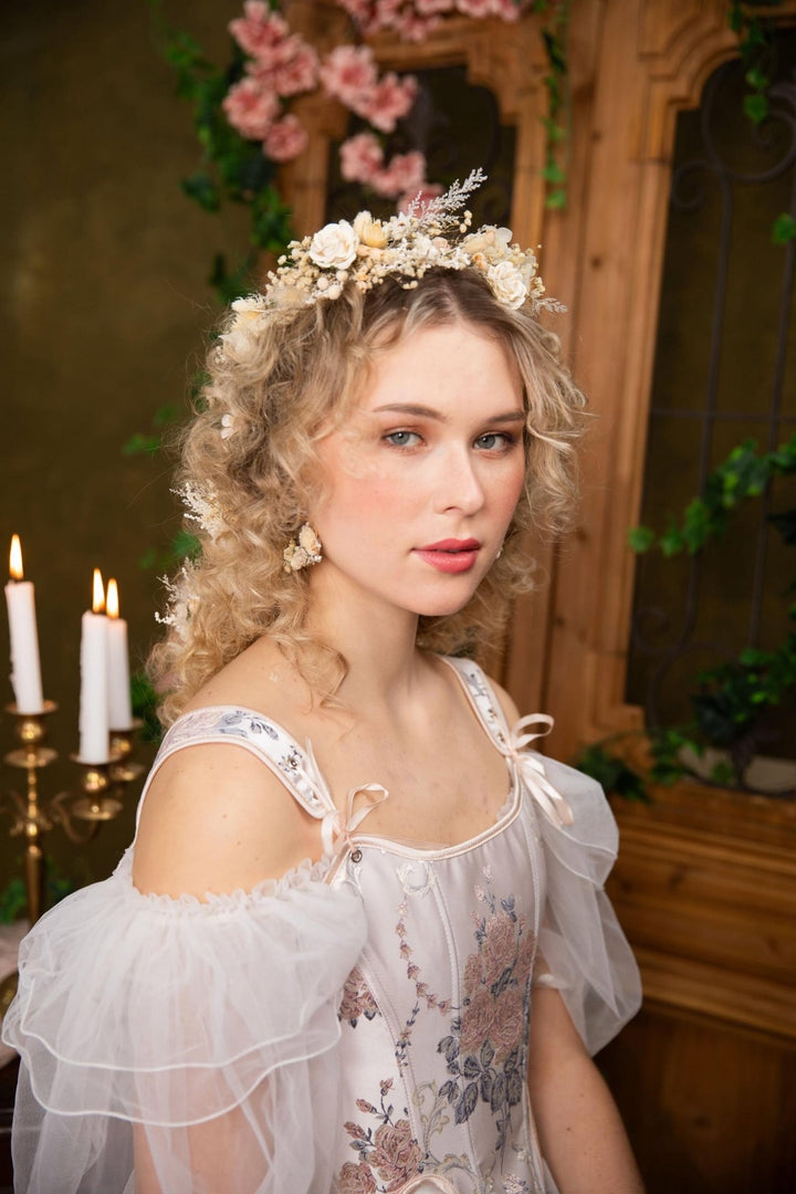 Boho Floral Hair Crown: Cream Wedding Hairpiece with Hairpins – handmade floral hair accessory by magaela
