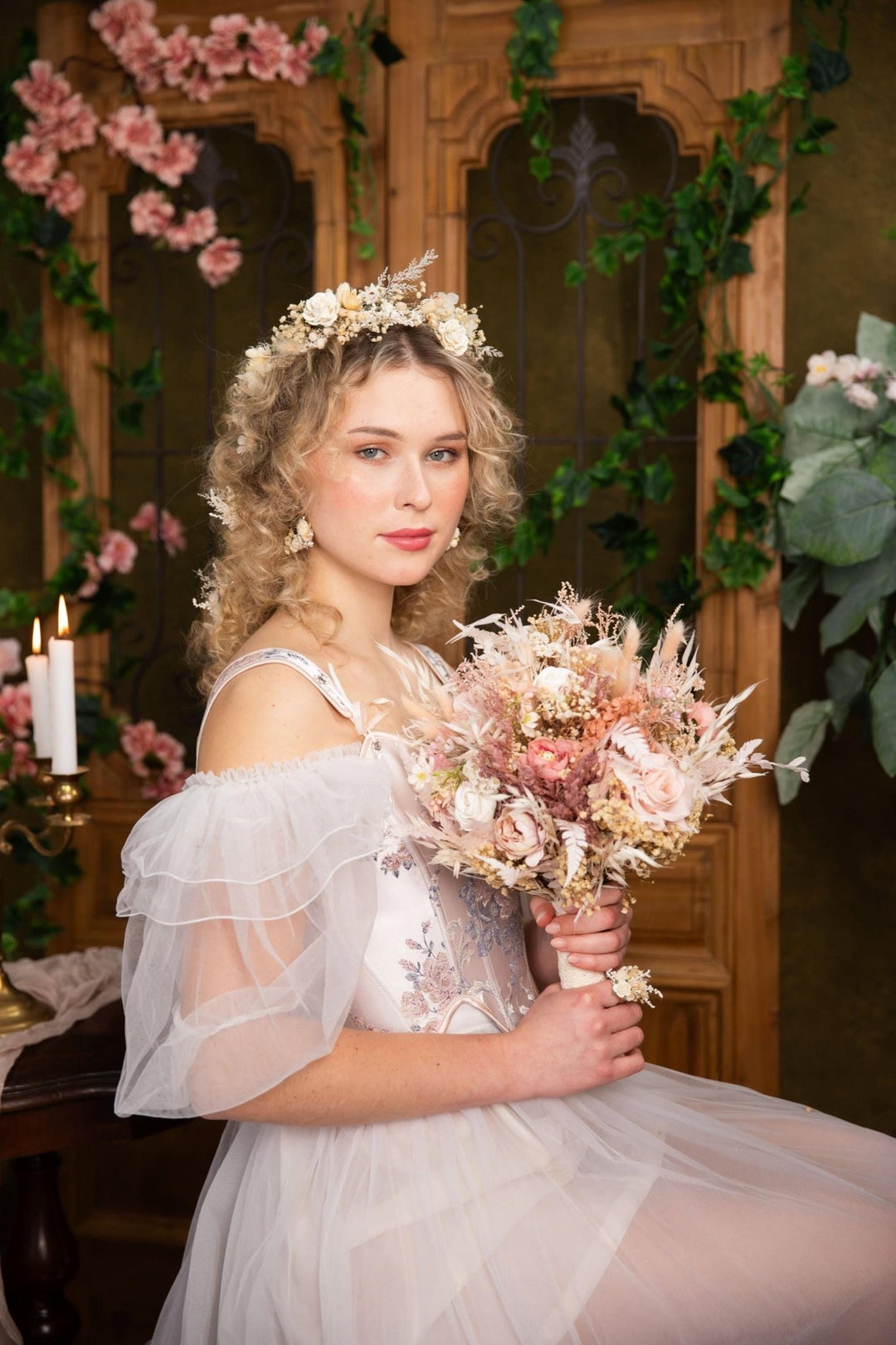 Boho Floral Hair Crown: Cream Wedding Hairpiece with Hairpins – handmade floral hair accessory by magaela