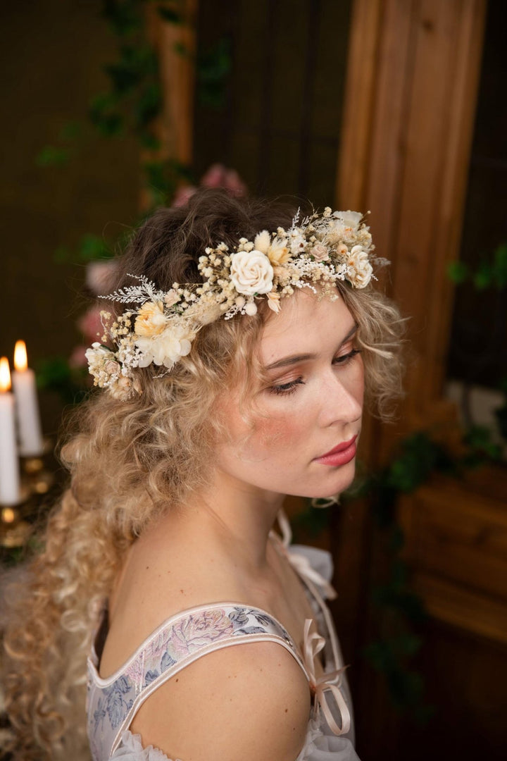Boho Floral Hair Crown: Cream Wedding Hairpiece with Hairpins – handmade floral hair accessory by magaela