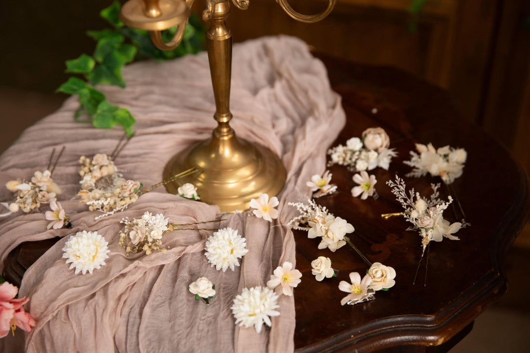 Boho Floral Hair Crown: Cream Wedding Hairpiece with Hairpins – handmade floral hair accessory by magaela