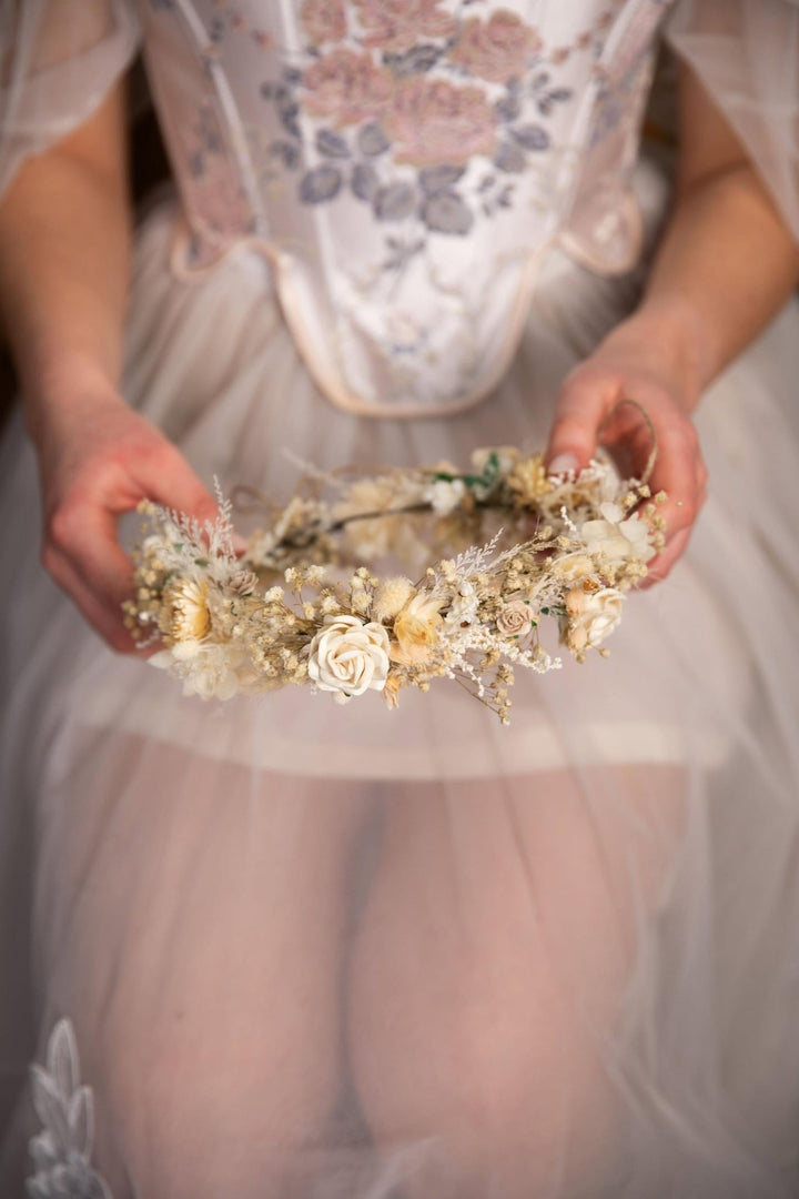 Boho Floral Hair Crown: Cream Wedding Hairpiece with Hairpins – handmade floral hair accessory by magaela