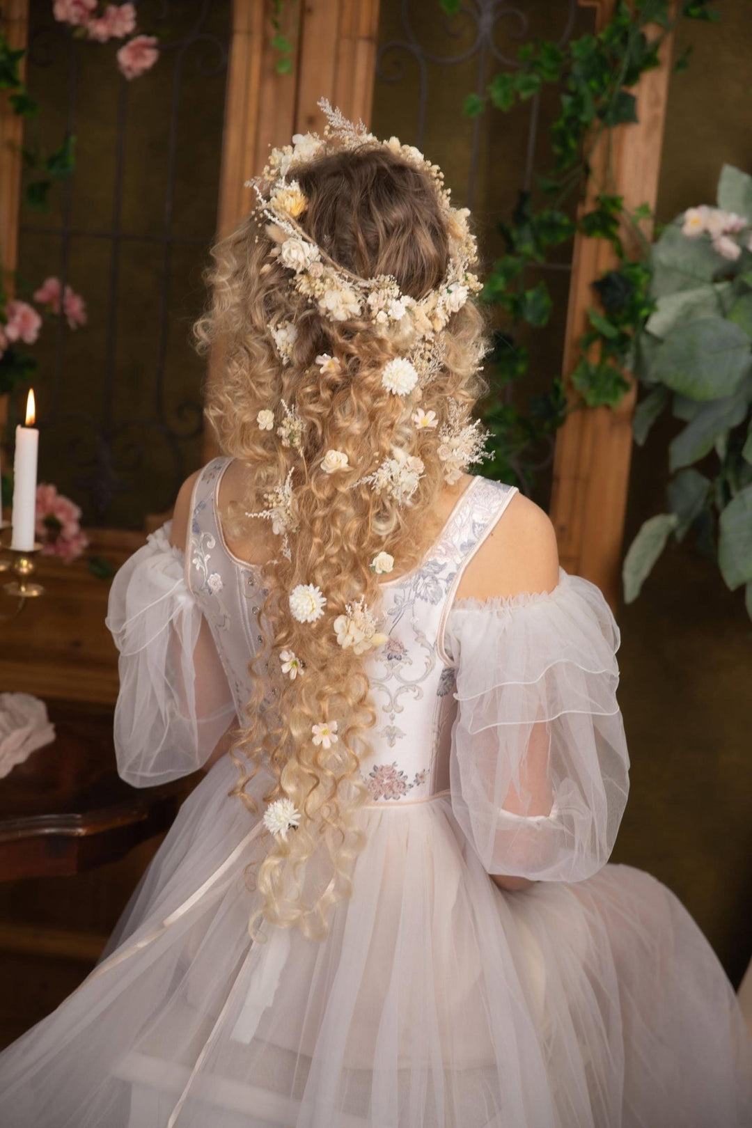 Boho Floral Hair Crown: Cream Wedding Hairpiece with Hairpins – handmade floral hair accessory by magaela
