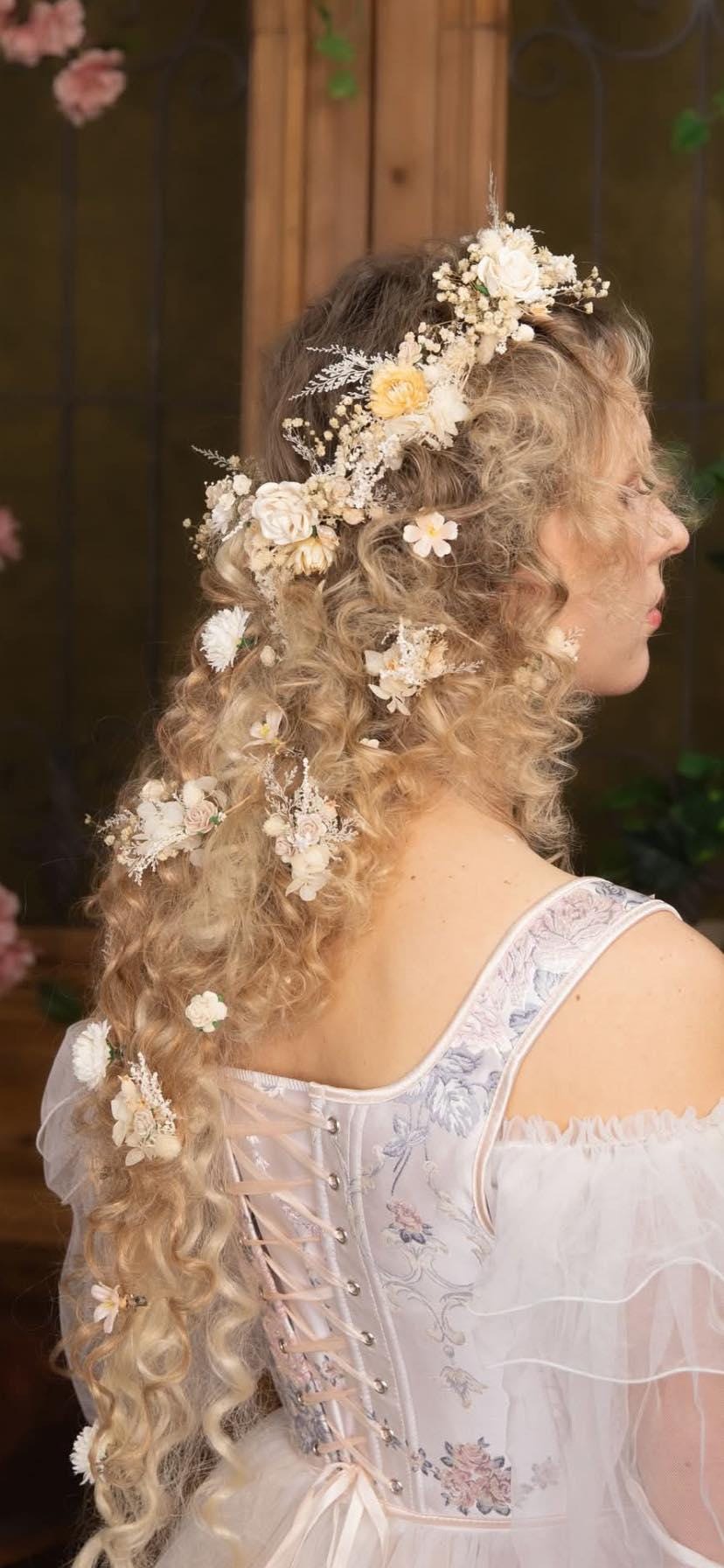Boho Floral Hair Crown: Cream Wedding Hairpiece with Hairpins – handmade floral hair accessory by magaela