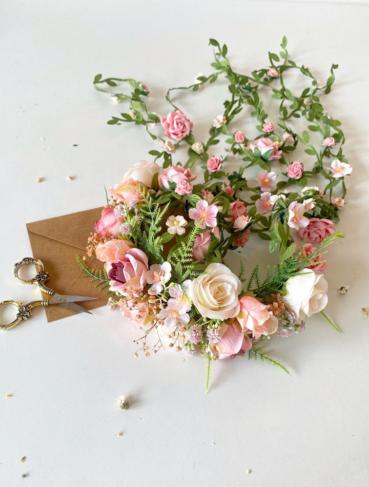 Blush Flower Bridal Headband: Renaissance Wedding Veil Headpiece – handmade floral hair accessory by magaela