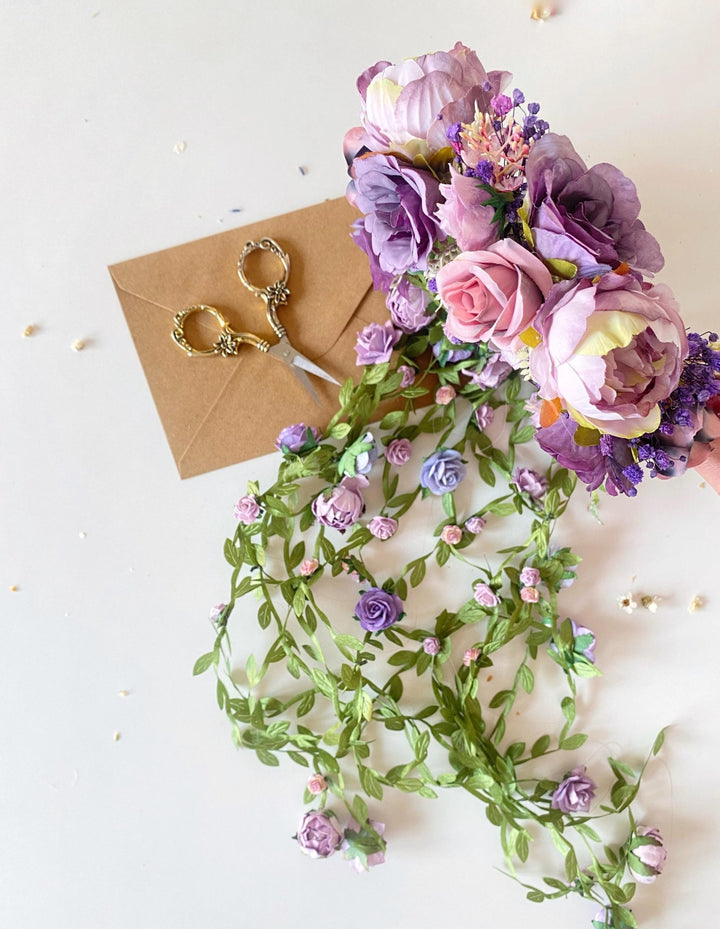 Purple Flower Headband with Veil: Boho Bridal Headpiece – handmade floral hair accessory by magaela