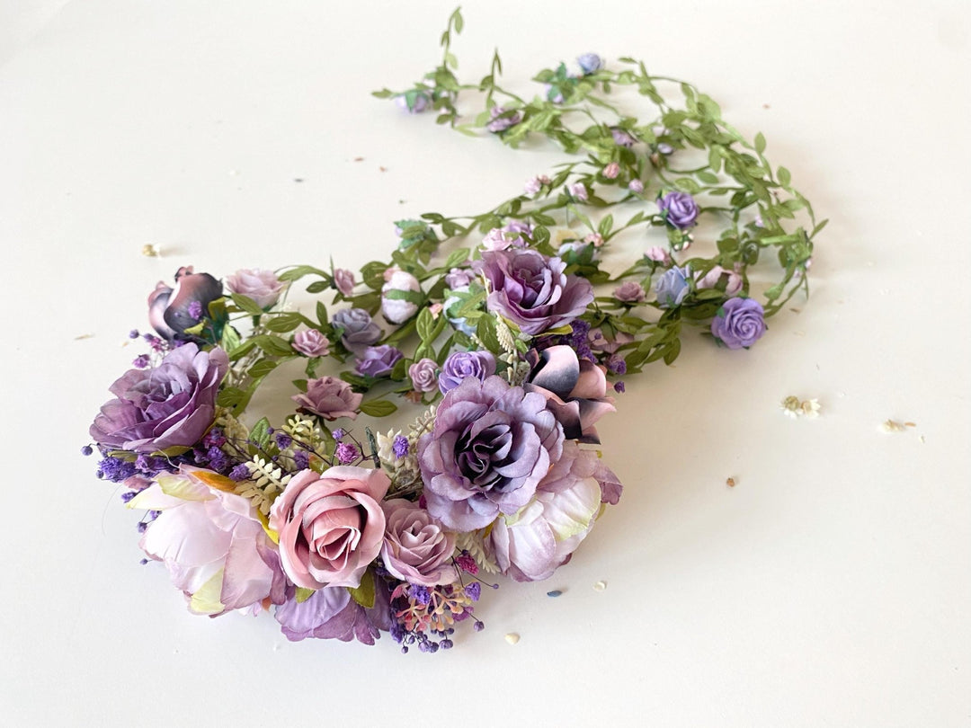 Purple Flower Headband with Veil: Boho Bridal Headpiece – handmade floral hair accessory by magaela