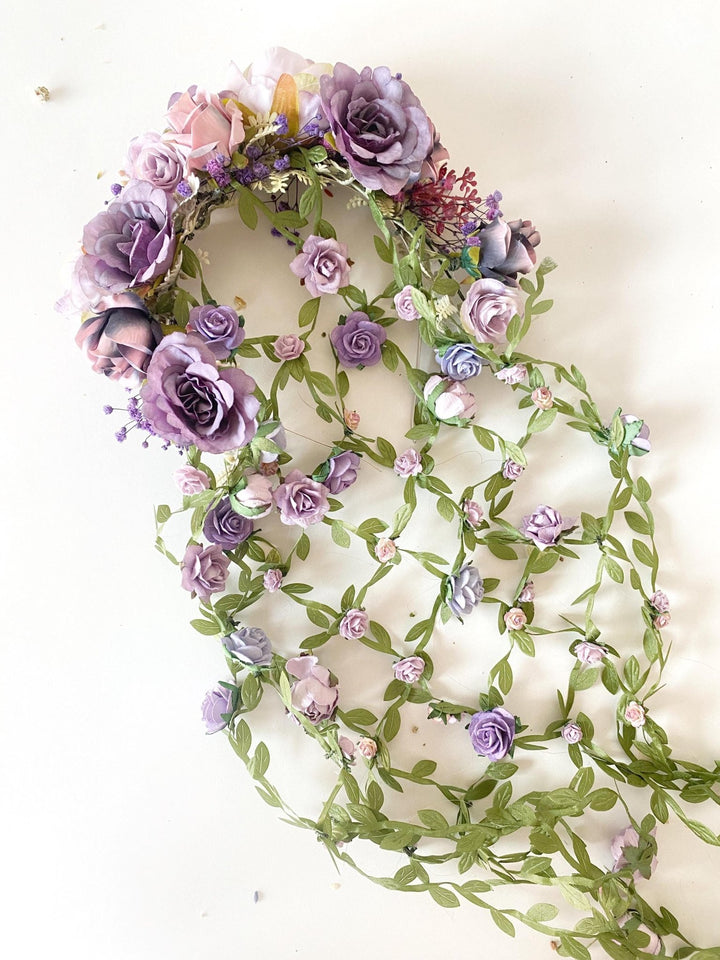 Purple Flower Headband with Veil: Boho Bridal Headpiece – handmade floral hair accessory by magaela