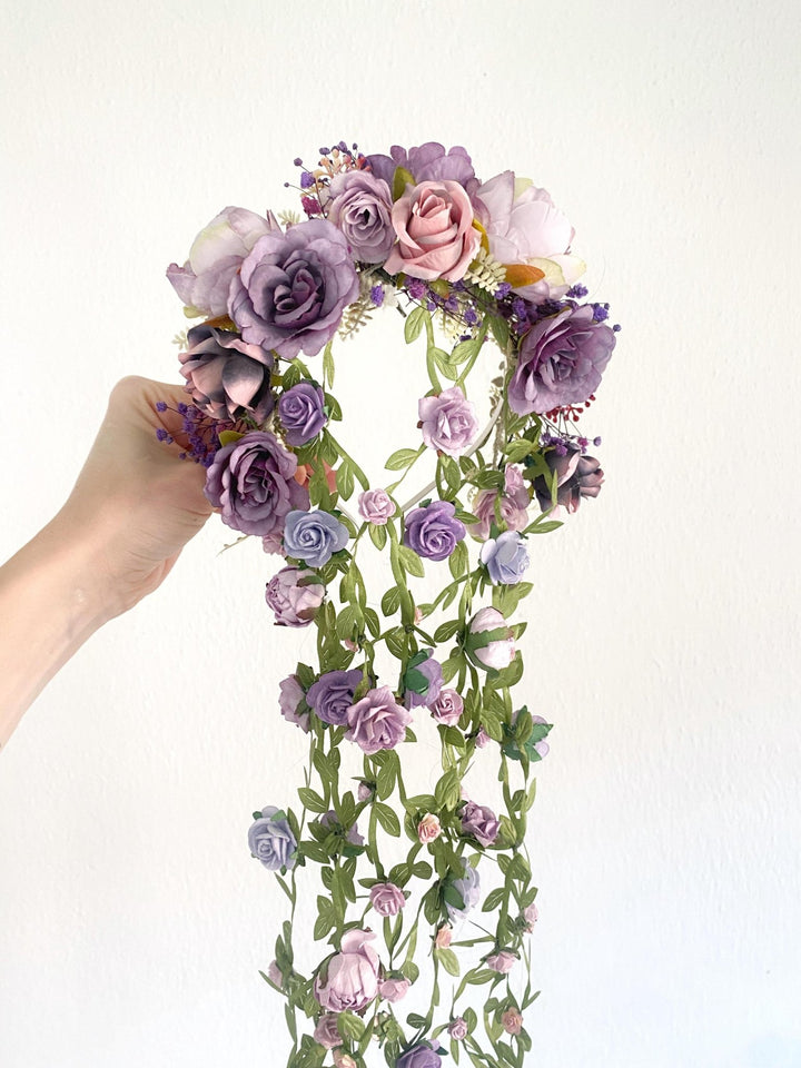 Purple Flower Headband with Veil: Boho Bridal Headpiece – handmade floral hair accessory by magaela
