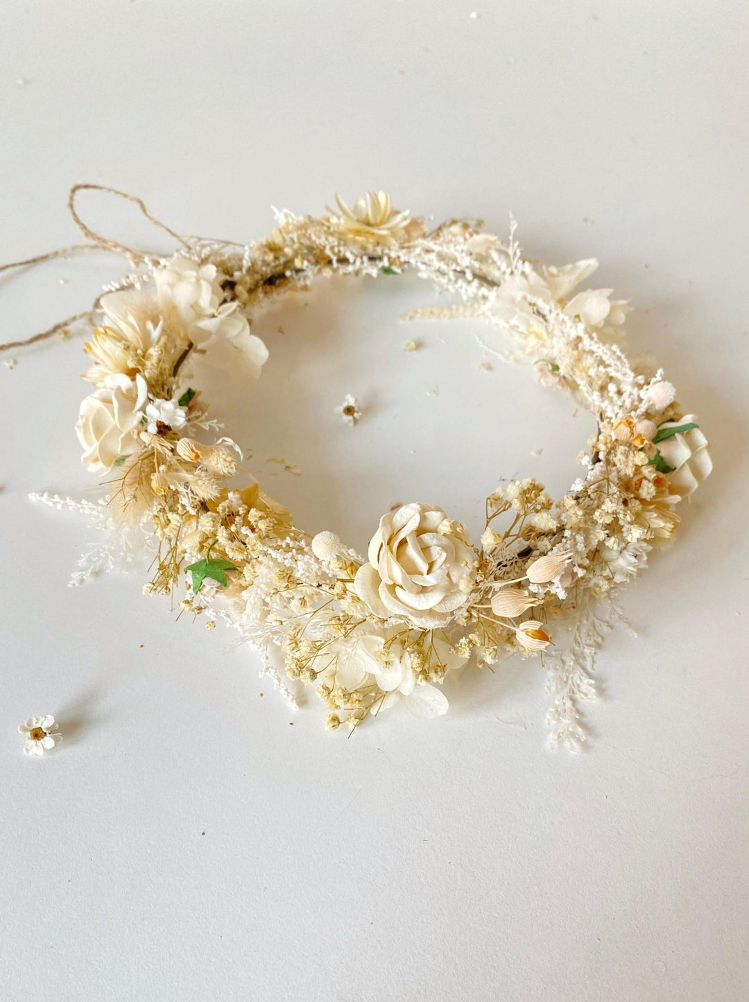 Beige Flower Hair Wreath: Rustic Cottagecore Wedding Headpiece – handmade floral hair accessory by magaela