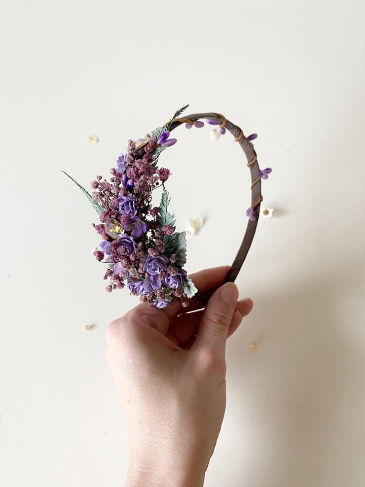Purple Flower Headband with Stones: Bridal Headpiece – handmade floral hair accessory by magaela