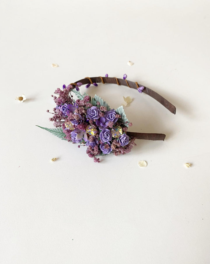 Purple Flower Headband with Stones: Bridal Headpiece – handmade floral hair accessory by magaela