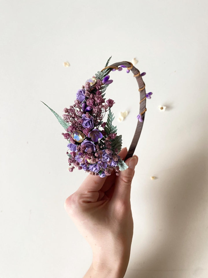 Purple Flower Headband with Stones: Bridal Headpiece – handmade floral hair accessory by magaela