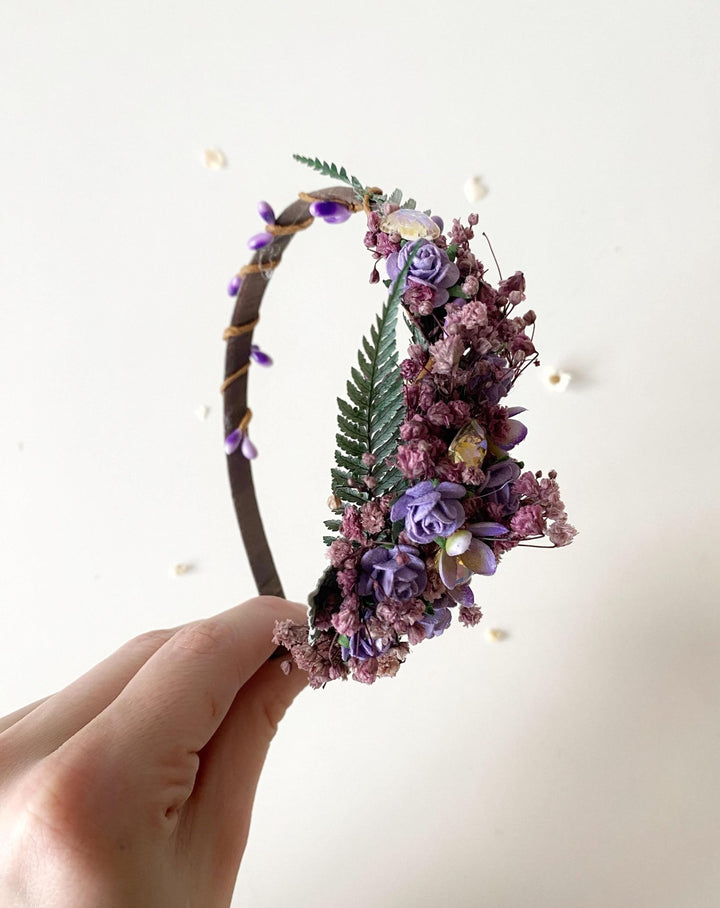 Purple Flower Headband with Stones: Bridal Headpiece – handmade floral hair accessory by magaela