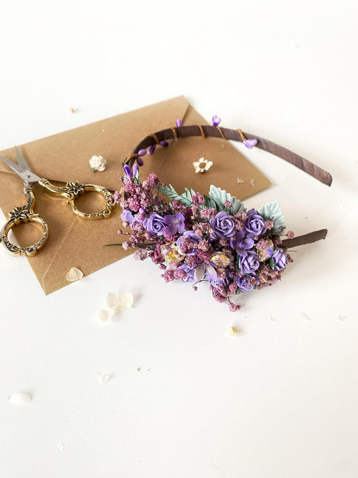 Purple Flower Headband with Stones: Bridal Headpiece – handmade floral hair accessory by magaela