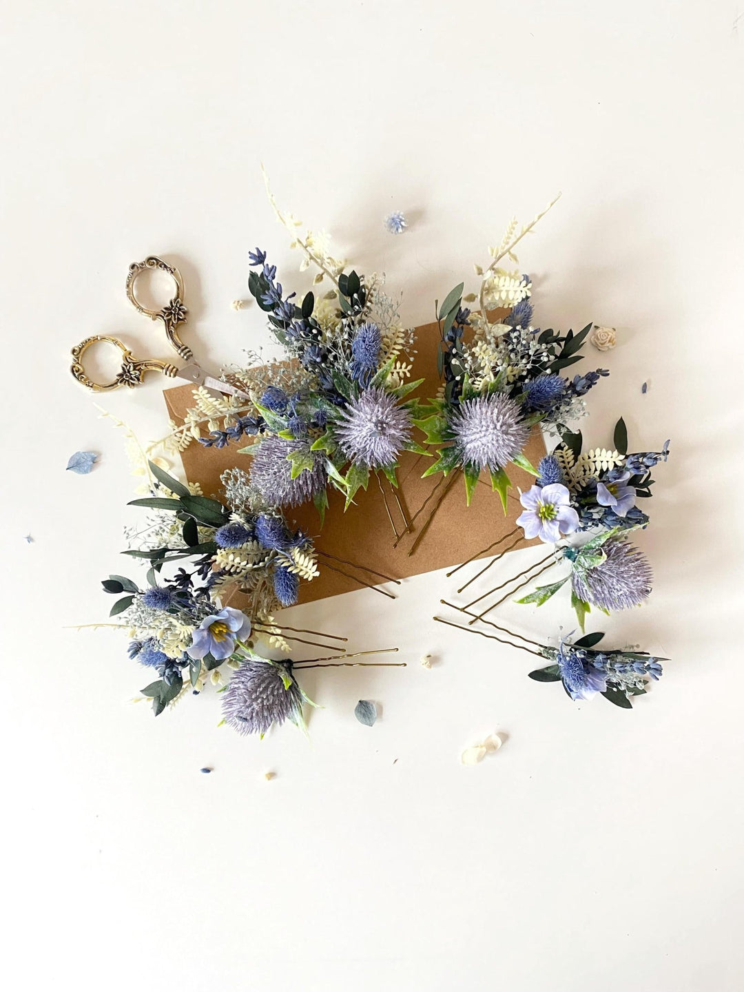 Blue Thistle Flower Hairpins: Boho Bridal Hair Accessories – handmade floral hair accessory by magaela