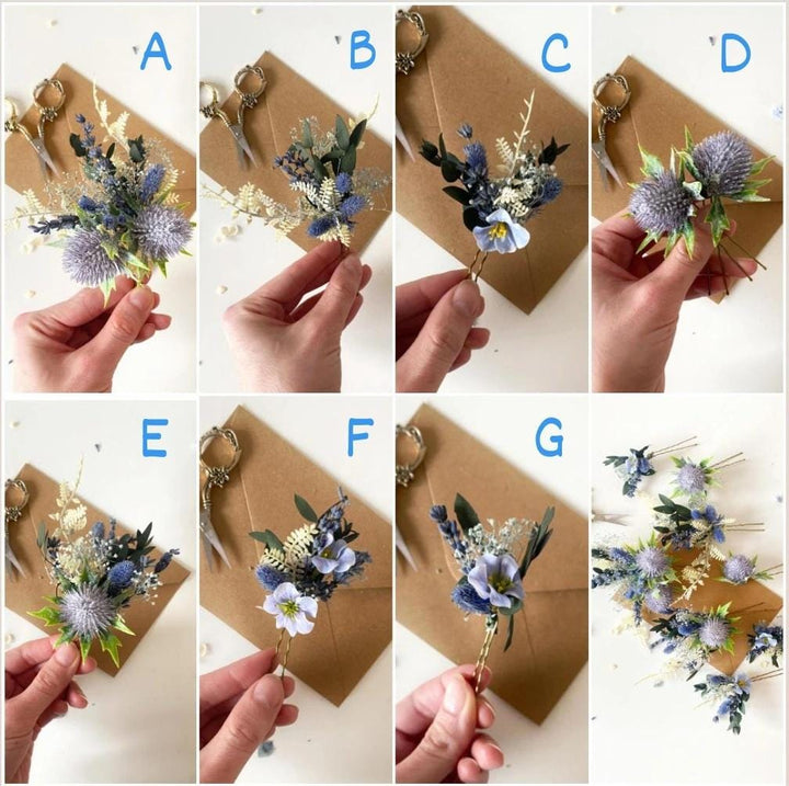 Blue Flower Hairpins Set: Thistle Boho Bridal Hair Accessories – handmade floral hair accessory by magaela