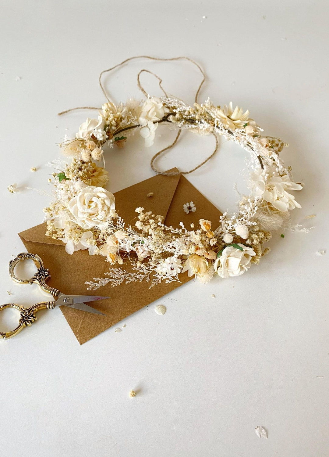 Beige Flower Hair Wreath: Rustic Cottagecore Wedding Headpiece – handmade floral hair accessory by magaela