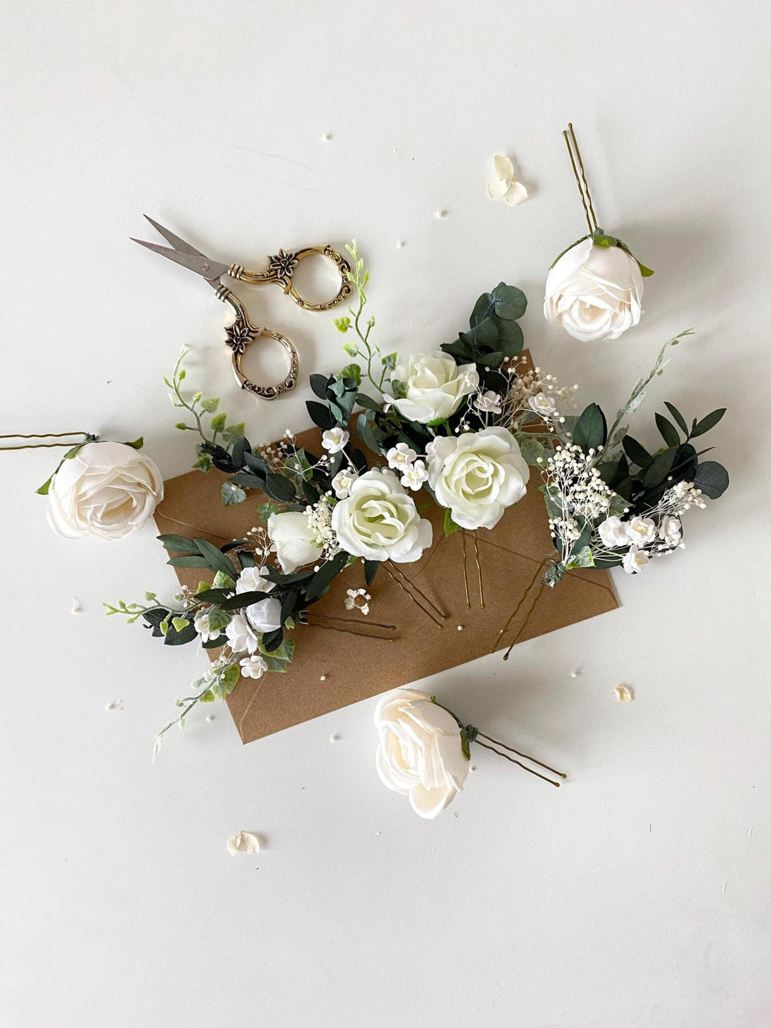 White Rose Hair Pins: Boho Bridal Hair Accessories – handmade floral hair accessory by magaela