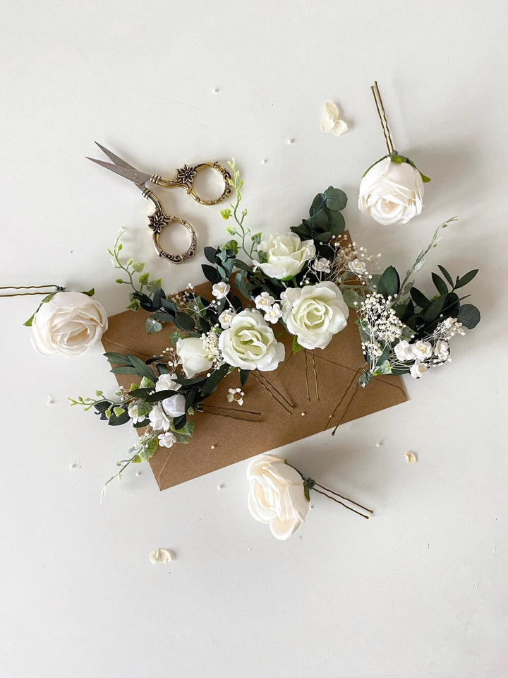 White Rose Hair Pins: Boho Bridal Hair Accessories – handmade floral hair accessory by magaela
