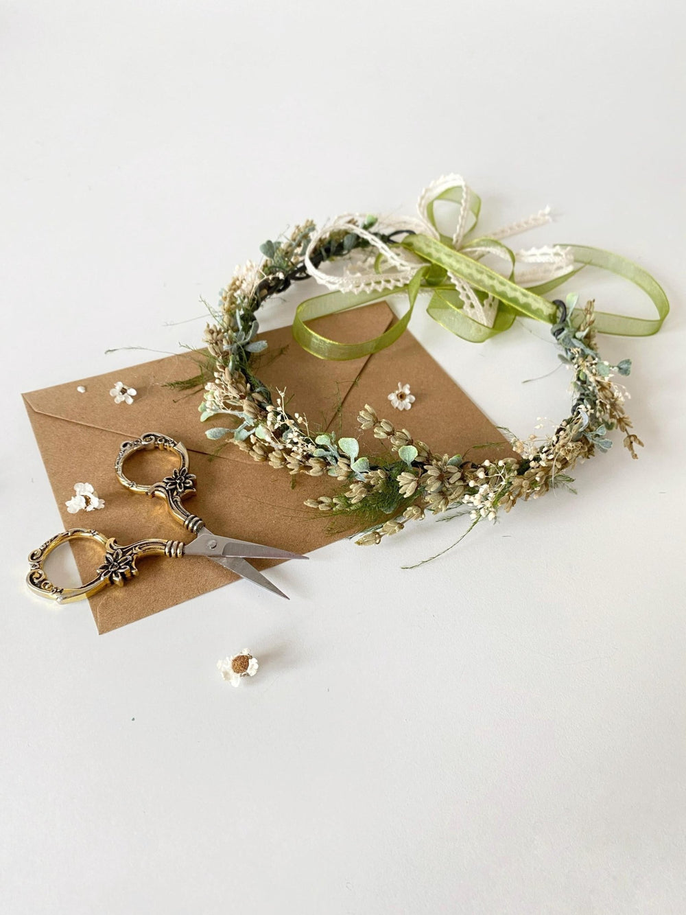 Green Lavender Flower Crown: Preserved Rustic Wedding Half Wreath – handmade floral hair accessory by magaela