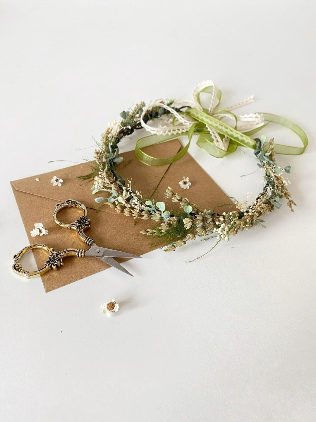 Green Lavender Flower Crown: Preserved Rustic Wedding Half Wreath – handmade floral hair accessory by magaela