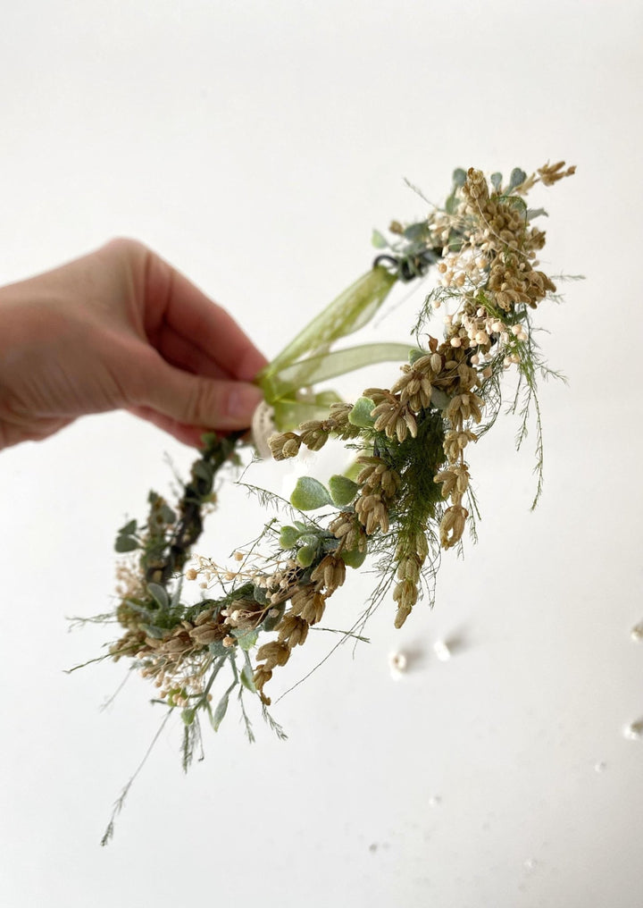 Green Lavender Flower Crown: Preserved Rustic Wedding Half Wreath – handmade floral hair accessory by magaela
