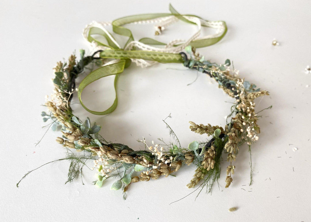Green Lavender Flower Crown: Preserved Rustic Wedding Half Wreath – handmade floral hair accessory by magaela