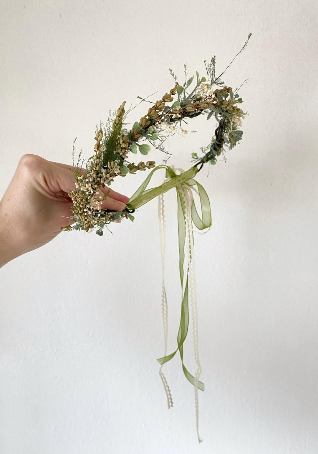 Green Flower Half Crown: Preserved Lavender Wedding Headpiece – handmade floral hair accessory by magaela