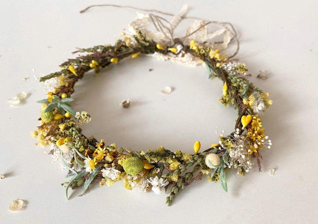 Rustic Flower Wedding Crown: Yellow Green Meadow Hair Wreath – handmade floral hair accessory by magaela