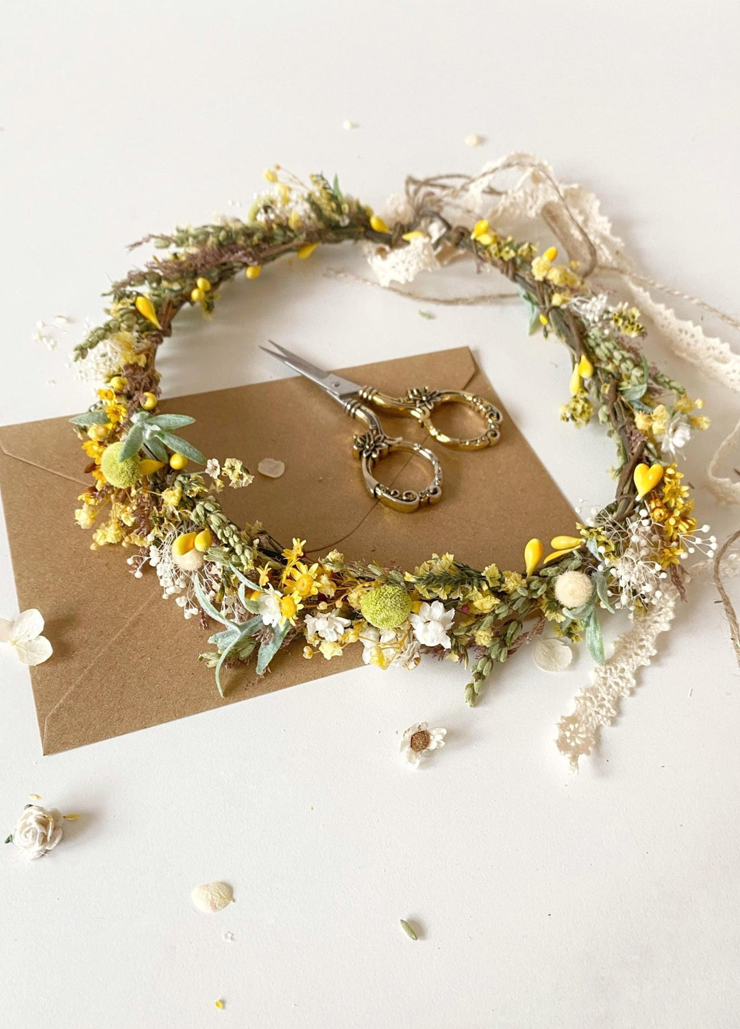 Rustic Flower Wedding Crown: Yellow Green Meadow Hair Wreath – handmade floral hair accessory by magaela