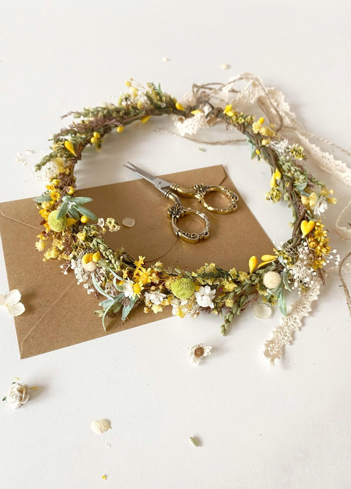 Rustic Flower Wedding Crown: Yellow Green Meadow Hair Wreath – handmade floral hair accessory by magaela